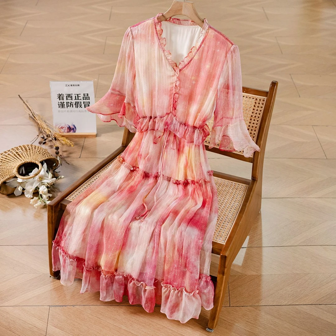 ZHUOXI/着西桑蚕丝气质优雅时尚显瘦收腰连衣裙7308