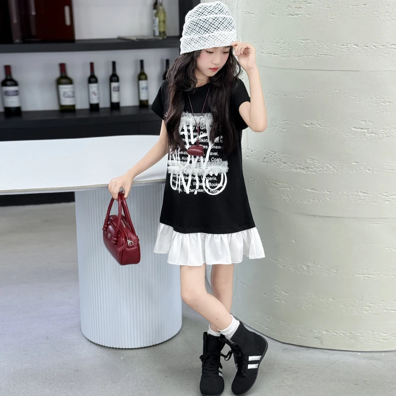 女童连衣裙夏季2025新款洋气儿童短袖T恤裙子夏装女孩拼接假两件