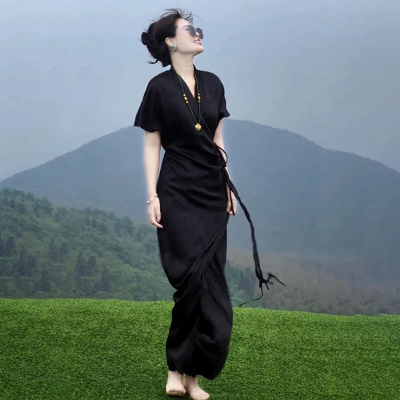 新中式国风禅意黑色领连衣裙女装夏季轻奢高级感清冷松弛感裙子