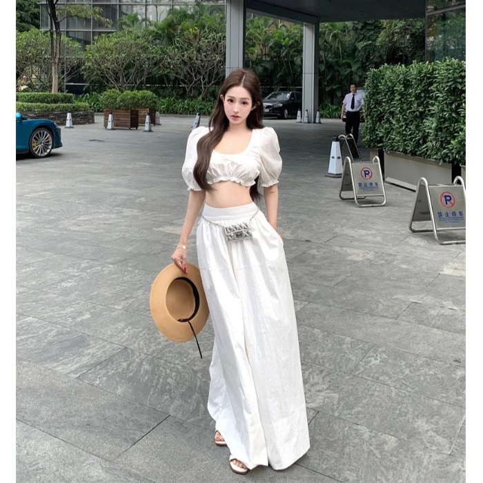 法式时尚套装女泡泡袖短款衬衫上衣女夏季白色a字半身长裙两件套