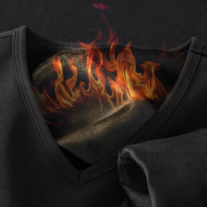 长袖t恤男装V领加绒加厚秋冬保暖内搭打底衫潮牌潮流纯色黑色秋衣