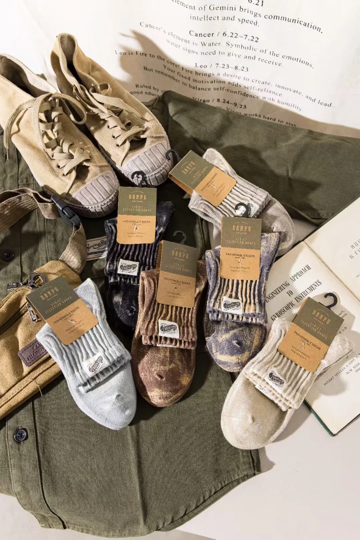 复古做旧时尚褪色松罗口运动休闲扎染中筒袜