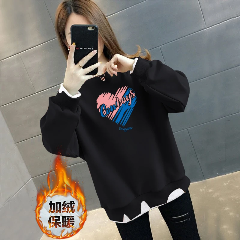 保暖圆领冬季女印花女士卫衣女装长袖百搭宽松学生加绒加厚假两件