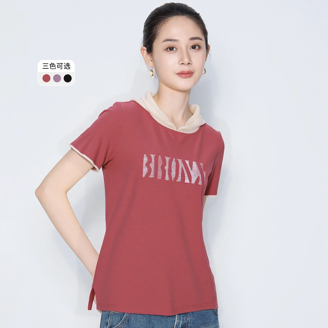 【联想惠甄选】马天奴连帽短袖字母立体装饰T恤透气印花VHSA86KWH0