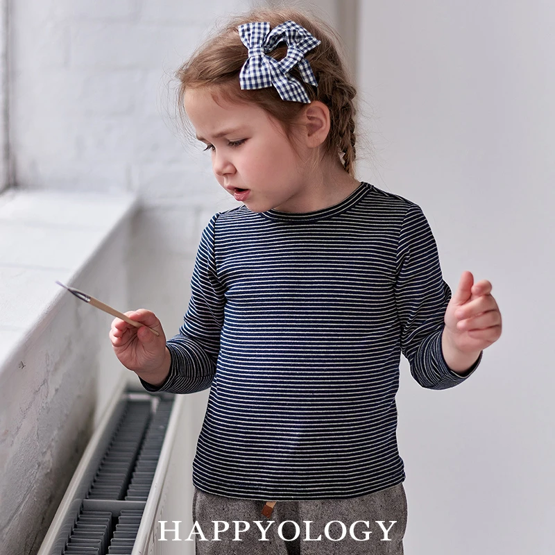 happyology英国儿童男女童秋季上衣长袖圆领条纹打底修身t恤休闲