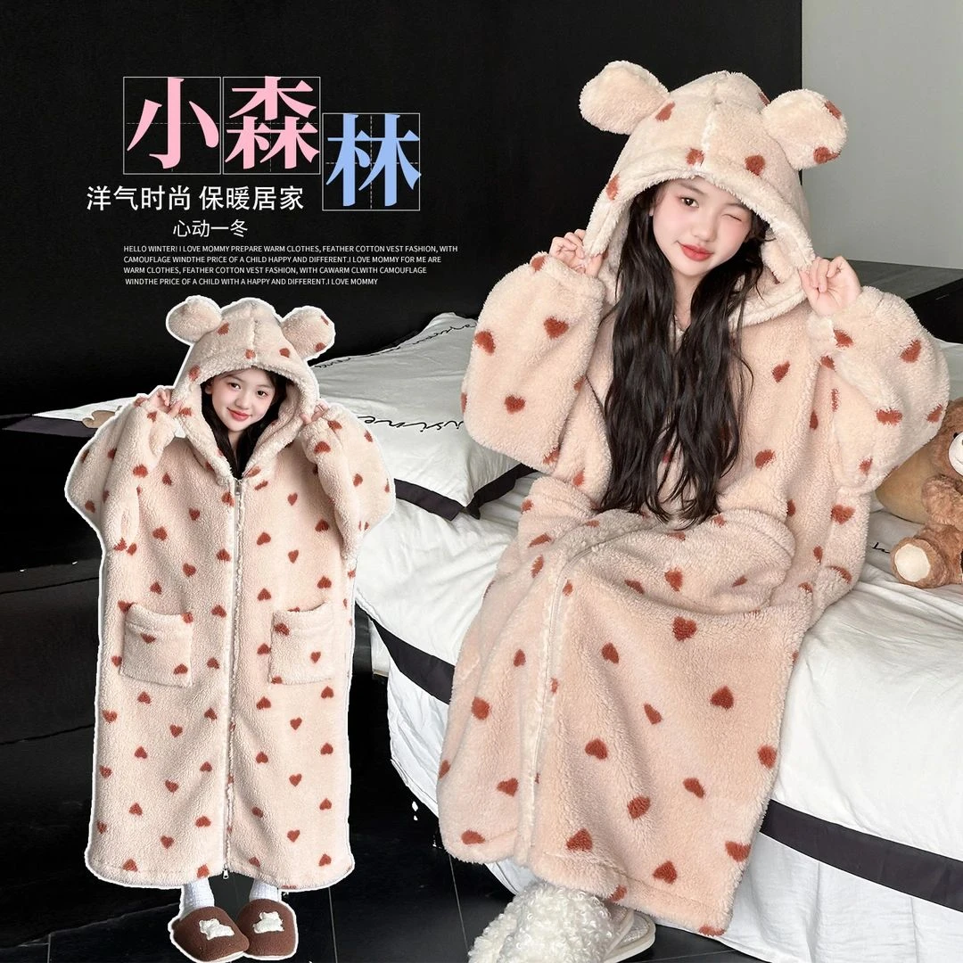 女童长款珊瑚绒睡裙秋冬加绒加厚中大童法兰绒连帽睡袍外穿家居服