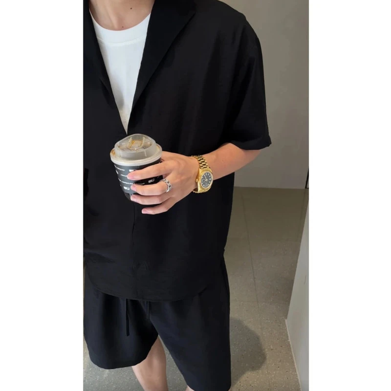 夏季新款亚麻天丝套装男士老钱风高级感宽松假两件短袖短裤两件套