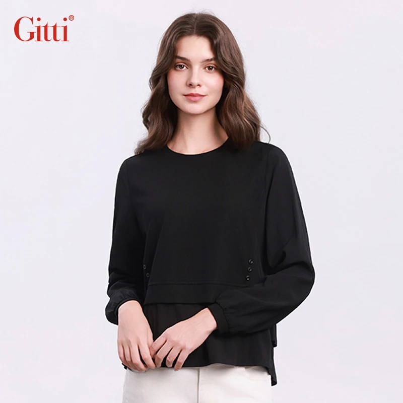 Gitti/吉蒂破骨拼接显瘦长袖T恤女圆领宽松大码上衣G255547