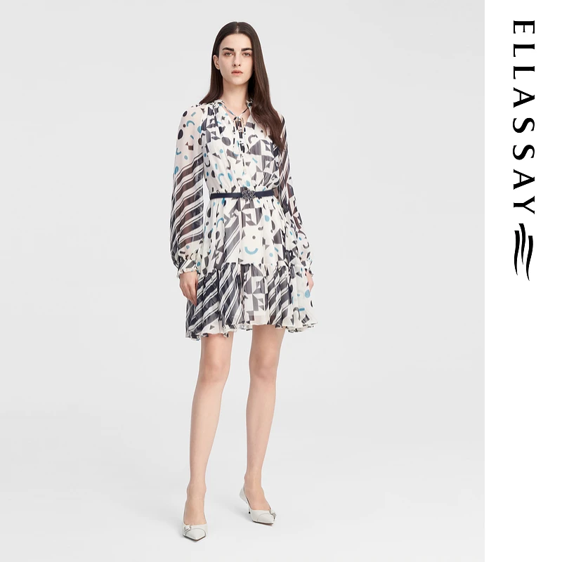 ELLASSAY歌力思夏季新款桑蚕丝气质印花连衣裙女EWE343Y02800