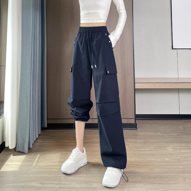 藏蓝色休闲阔腿工装裤女大口袋春秋季新款抽绳显垂感瘦运动直筒裤