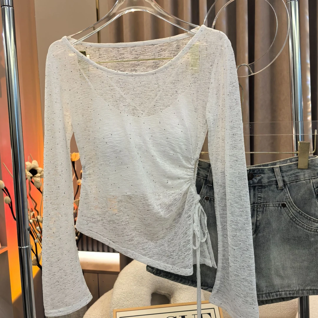 【A9934墨丽】2025夏季修身显瘦百搭长袖防晒纯欲上衣+吊带两件套