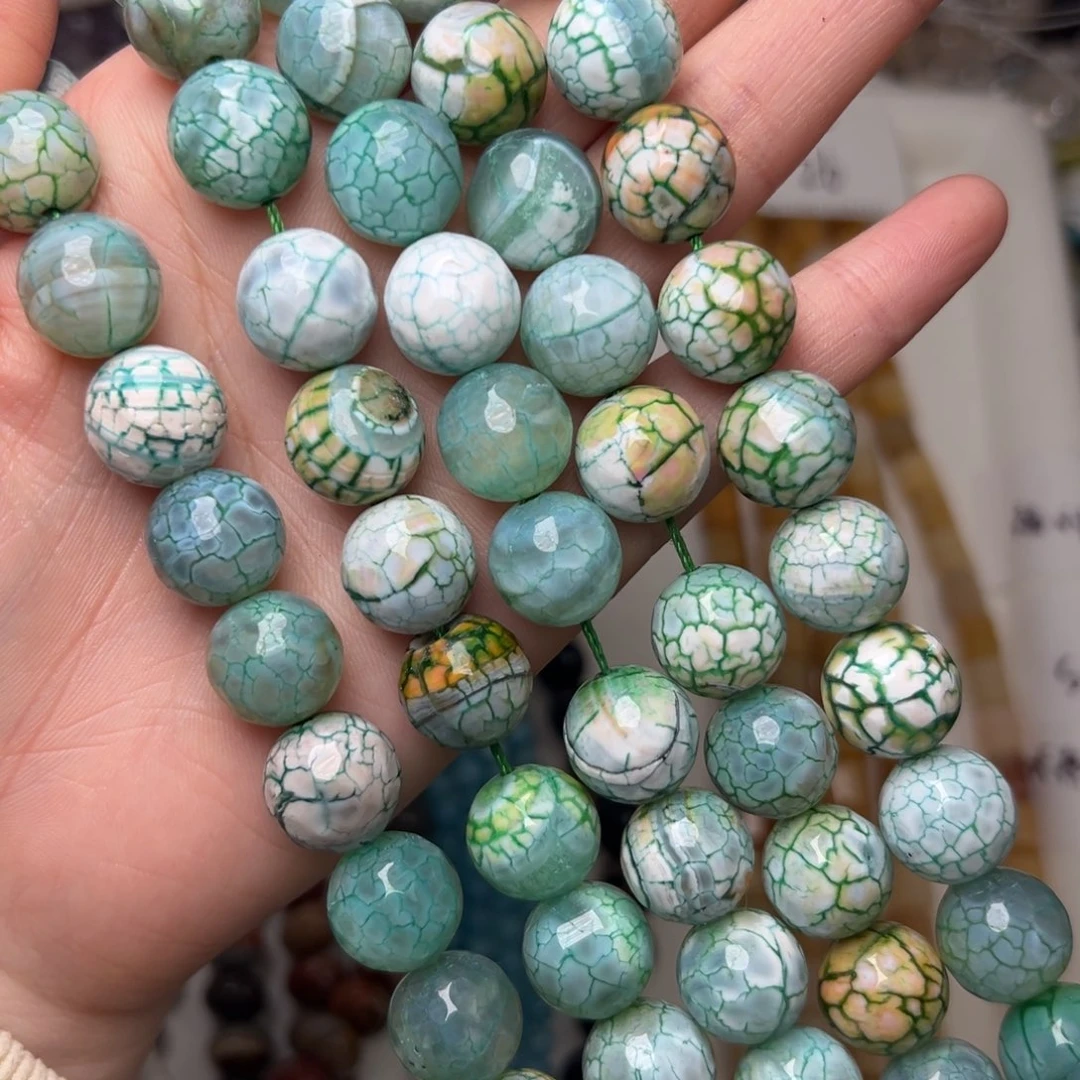 玛瑙/玉髓合金珠宝半成品K791。14mm天然龙鳞纹玛瑙圆珠一条