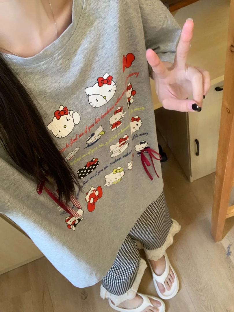蝴蝶结卡通猫短袖长裤睡衣女2025春秋新款宽松外穿格子家居服套装