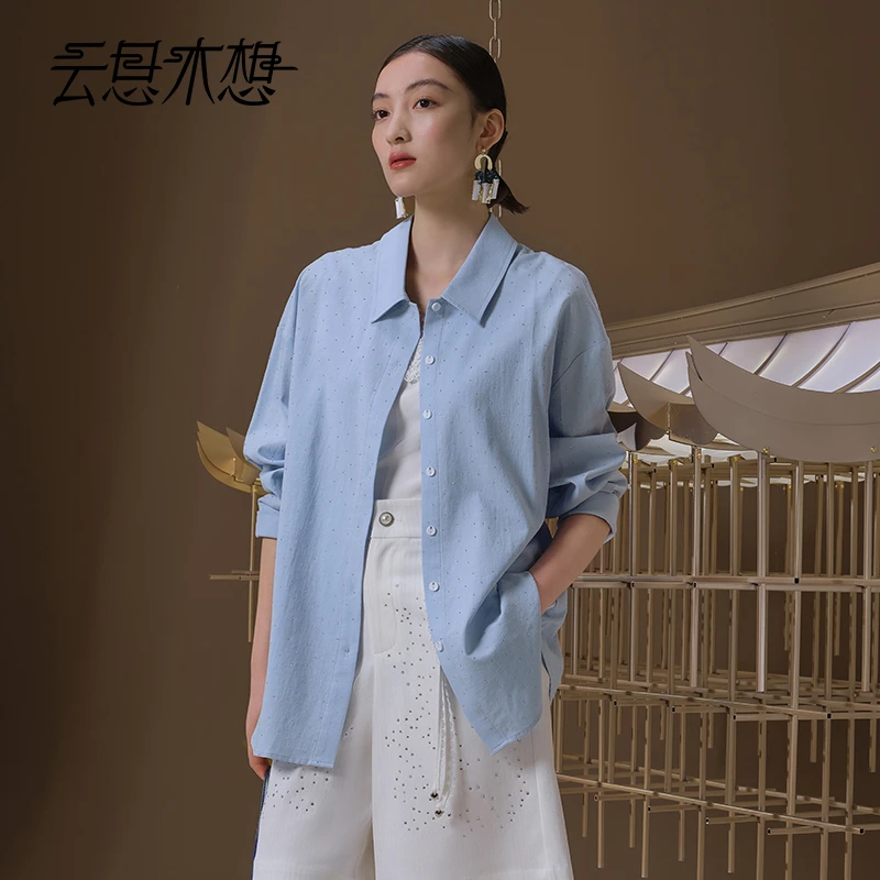 Ysimo-X云思木想 千梦繁星 烫钻后幅开叉简约时尚翻领衬衫12816