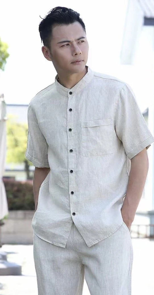 2310中国风男士夏季短袖亚麻面料衬衫