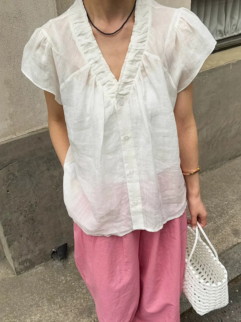 （小清家）V领褶皱苎麻上衣