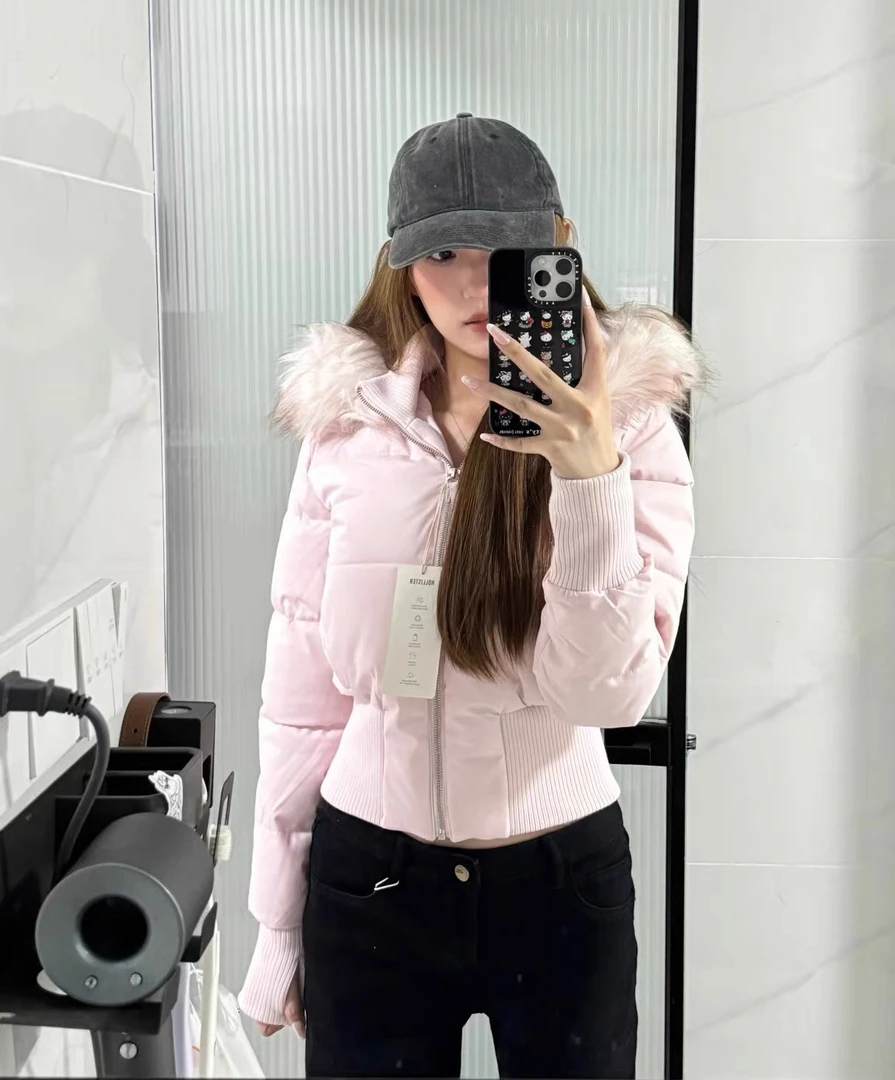 美式易梦玲明星同款粉色修身短款大毛领羽绒服女冬连帽外套短款