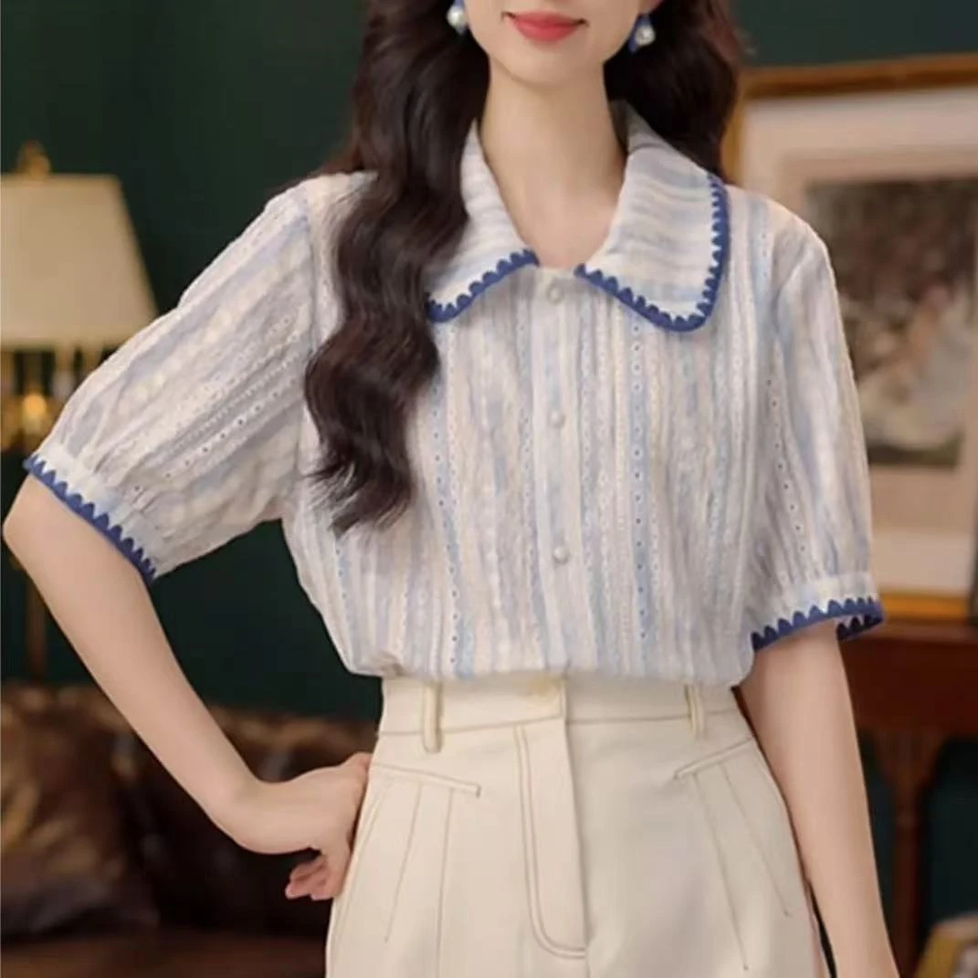 温柔衬衣休闲百搭短袖衬衫女夏季上衣6695