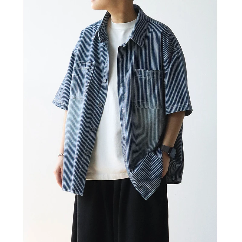 夏季日系复古做旧条纹牛仔短袖衬衫男女宽松廓形工装休闲尖领衬衣