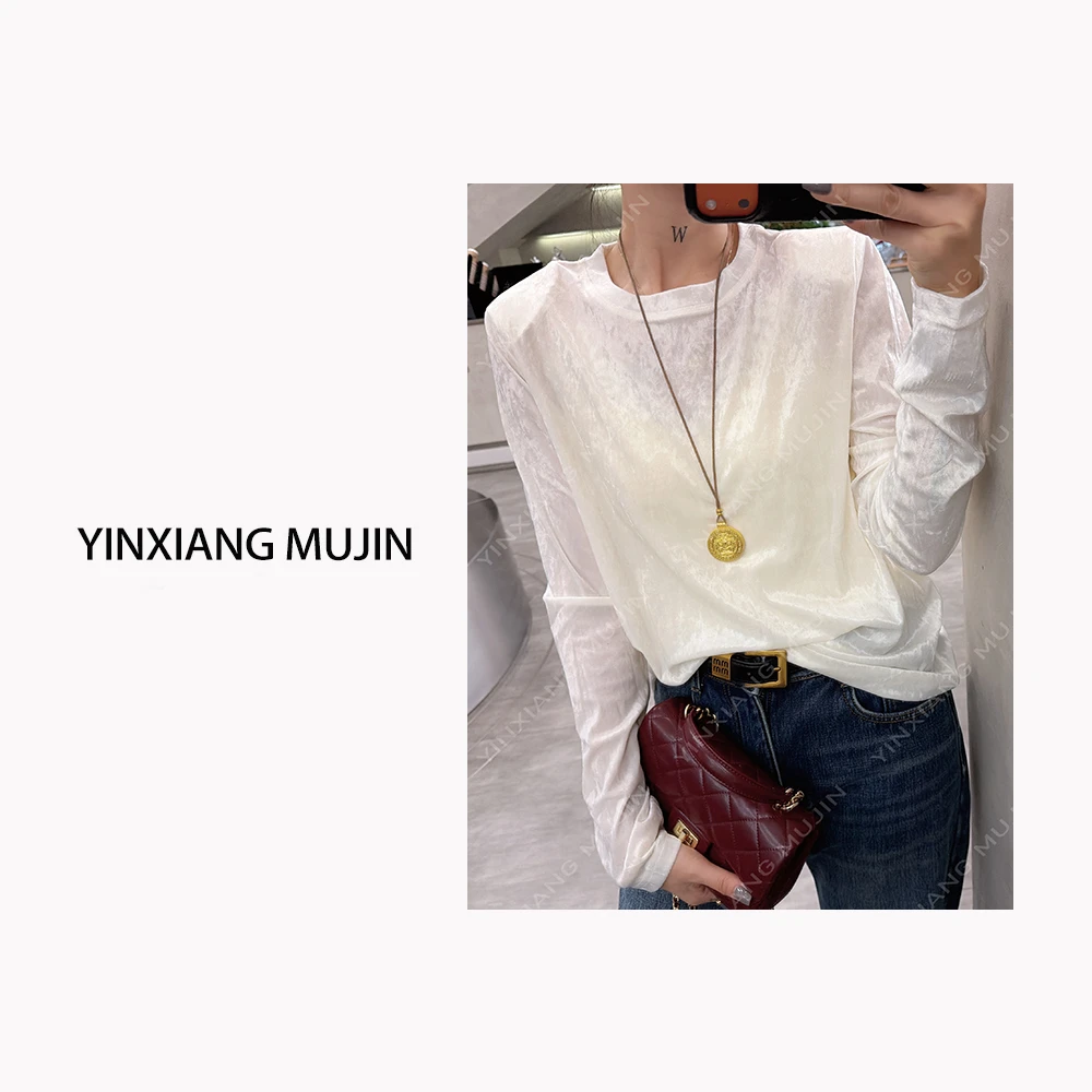 【YINXIANG MUJIN】丝绒T恤 定制版时尚短款气质长袖打底衫女士冬季