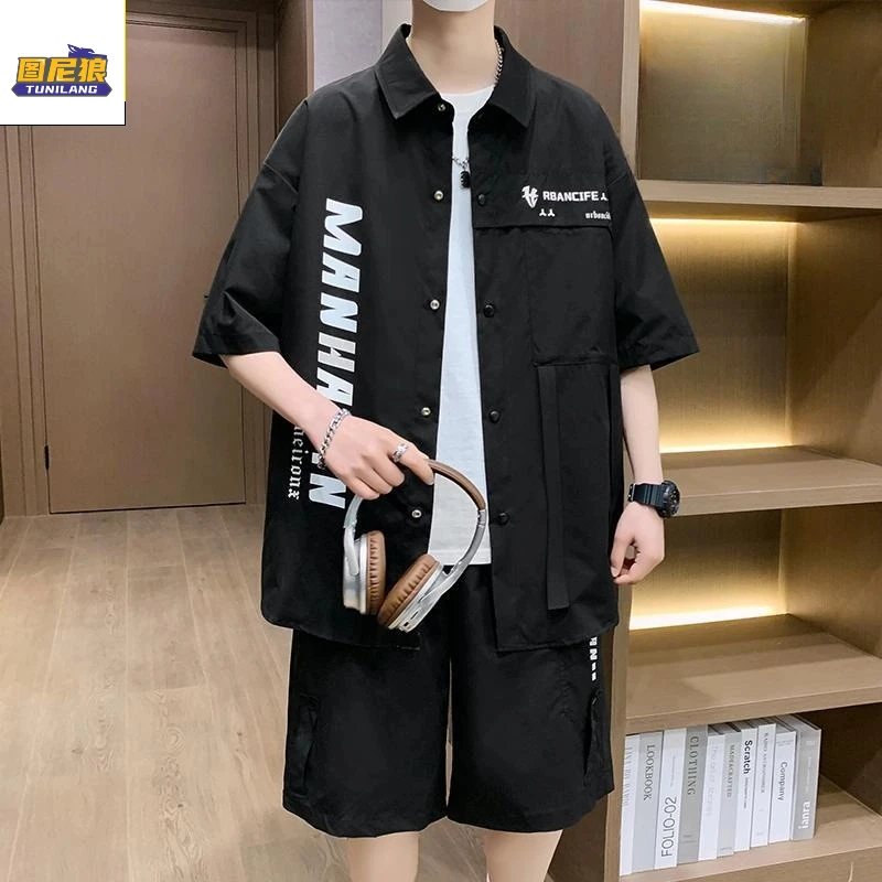 图尼狼夏季新款男士潮牌痞帅工装衬衫一套搭配青少年潮流短袖套装