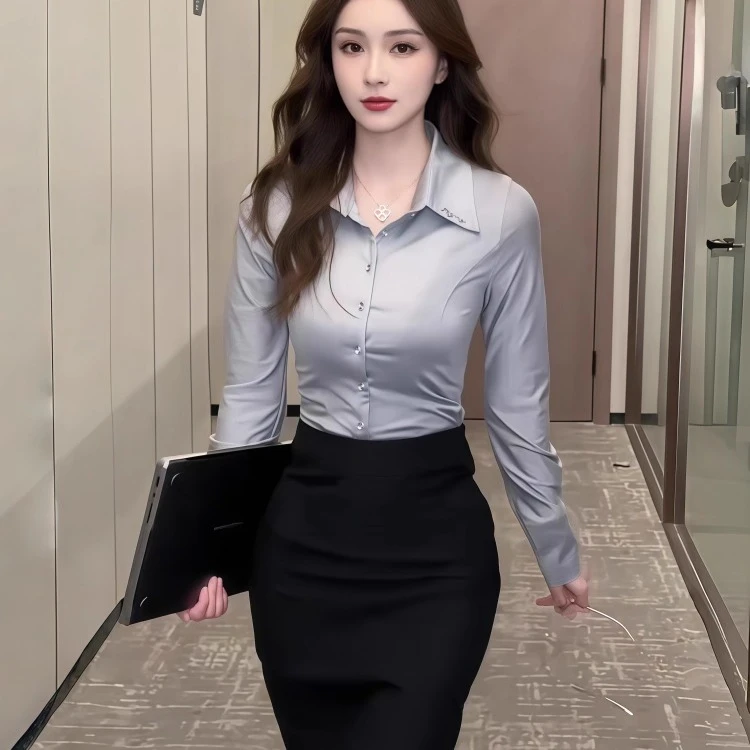 2025秋冬新款轻熟风金秘书穿搭翻领长袖灰色衬衫+高腰半身裙女装