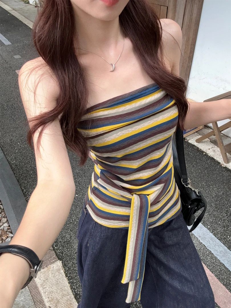 美式辣妹风复古条纹绑带抹胸背心女夏季收腰显瘦百搭上衣