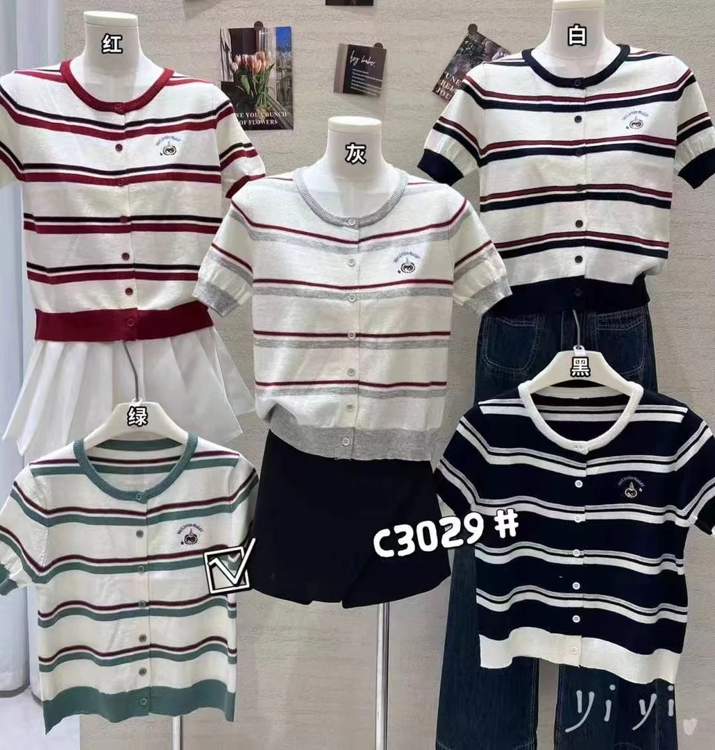新款圆领条纹开衫上衣3029