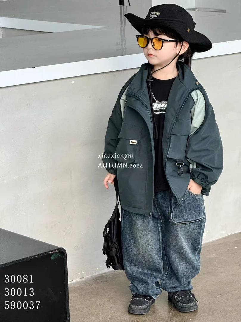 小熊妮儿童春秋立领冲锋衣外套 30013 绿色 灰色