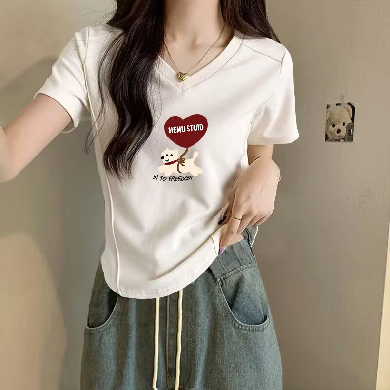 纯欲短款V领短袖t恤女不规则下摆修身百搭夏季收腰显瘦鱼骨上衣潮