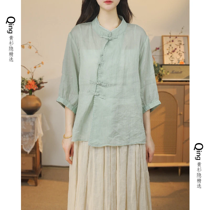 6370新中式文艺气质茶服花边盘扣苎麻小衫上衣