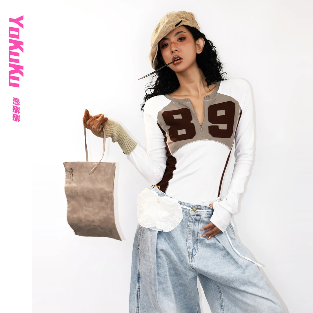 哟酷酷（一九八九）美式复古撞色百搭修身显瘦套头半拉链长袖T恤衫