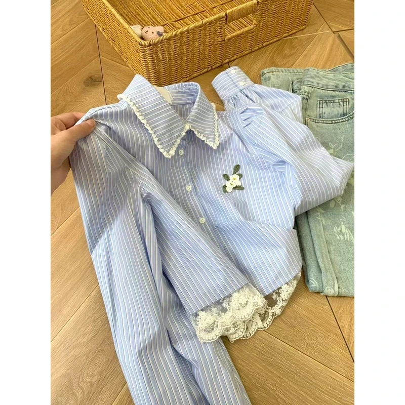 法式chic时尚碎花刺绣条纹衬衫女春秋新款独特蕾丝边短款上衣外套