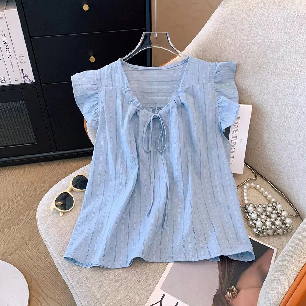 洋气质系带短袖衬衫女2025夏季新款荷叶边抽绳宽松小清新无袖上衣