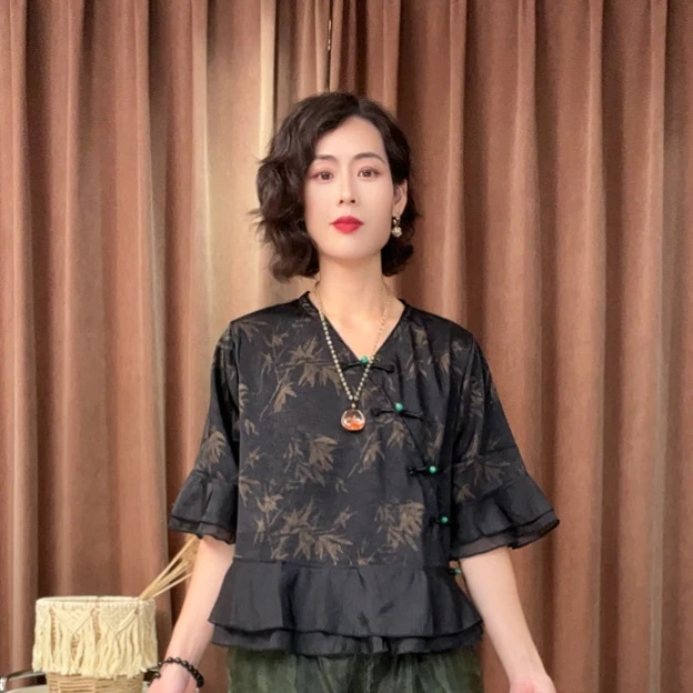 新中式富贵竹国风中袖洋气时尚气质上衣酷飒风女装高级感