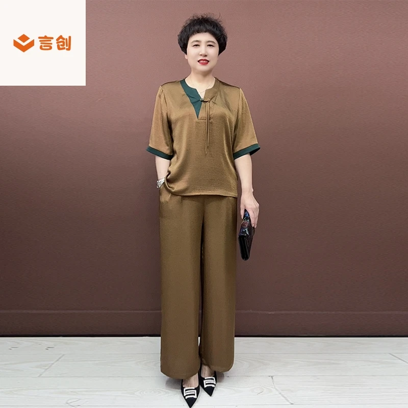 331高档中老年妈妈两件套夏季新款国风短袖衬衫阔腿裤洋气套装女