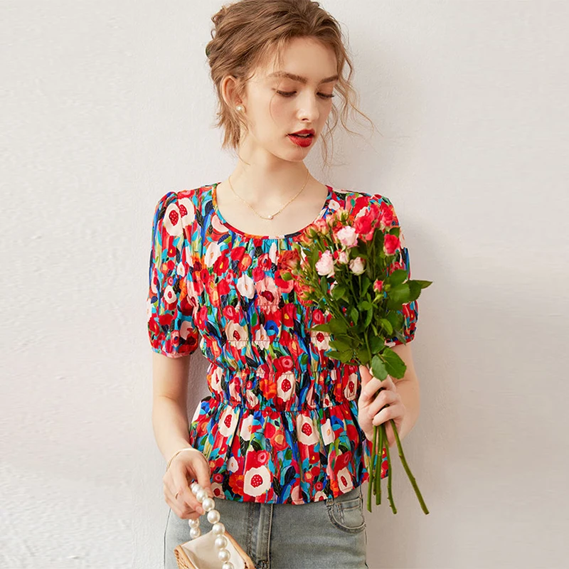 减龄复古优雅碎花圆领雪纺衬衫夏季新款气质修身收腰泡泡短袖上衣