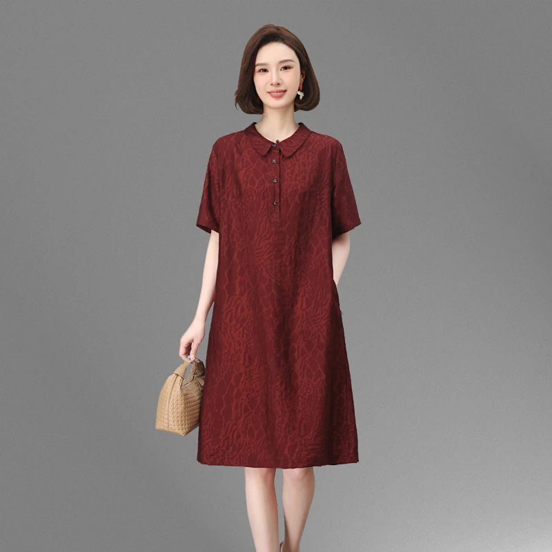 大码宽松连衣裙女中长款2025夏新款胖MM显瘦妈妈遮肚休闲提花裙子