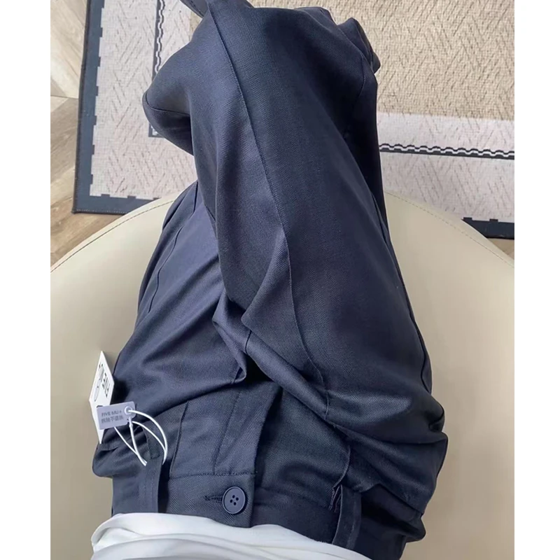 藏青色镂空显瘦阔腿裤女夏季高腰薄款设计感胖mm九分直筒休闲裤