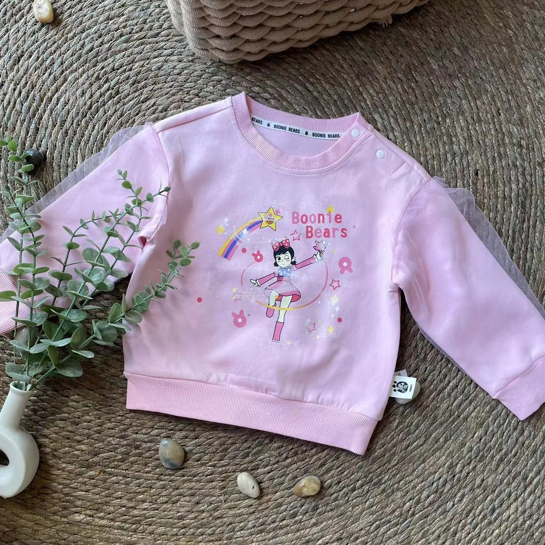 熊出mo春季女童洋气百搭休闲可爱韩版小清新印花网纱袖子卫衣