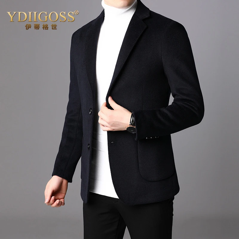 YDIIGOSS纯色羊毛西装男士时尚商务休闲两粒扣口袋外套中年单面呢