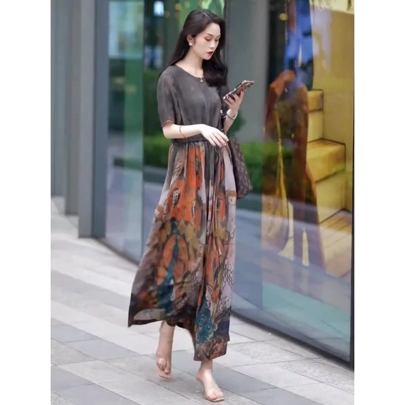 轻奢真丝a字裙2025新款夏季高级感抽绳收腰显瘦长款桑蚕丝连衣裙