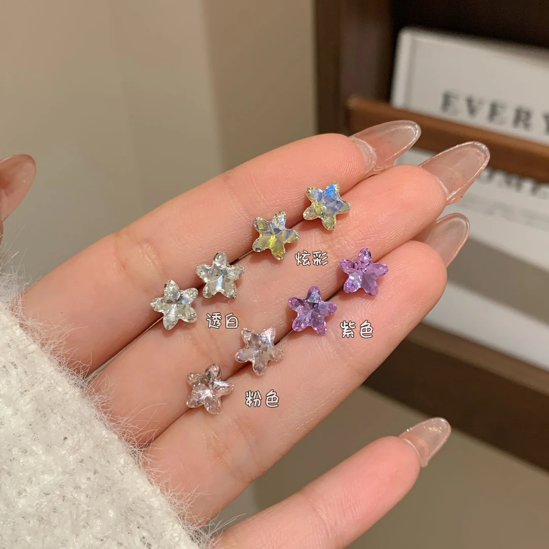 钛钢琉璃耳饰 超闪五角星星锆石8mm平底螺旋耳骨钉女钛钢养耳洞