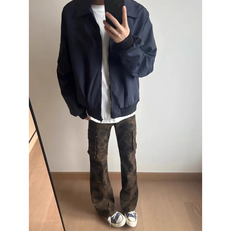 藏青色ma1飞行员夹克男秋冬加厚美式cleanfit翻领棒球服短款外套