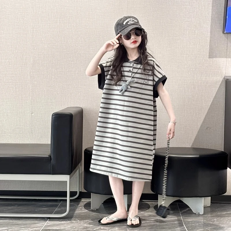 女童裙子高级感夏季儿童连衣裙2025新款夏装条纹女大童POLO裙韩系