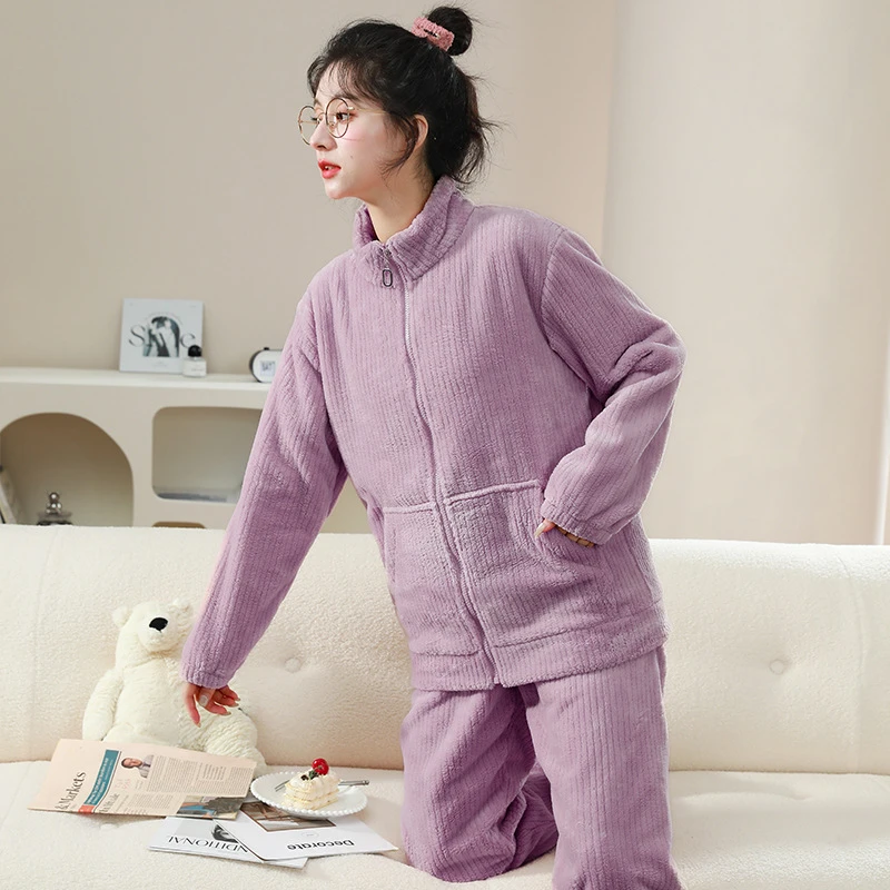 代发可外穿睡衣女士秋冬季法兰绒加厚立领拉链珊瑚绒家居服套装