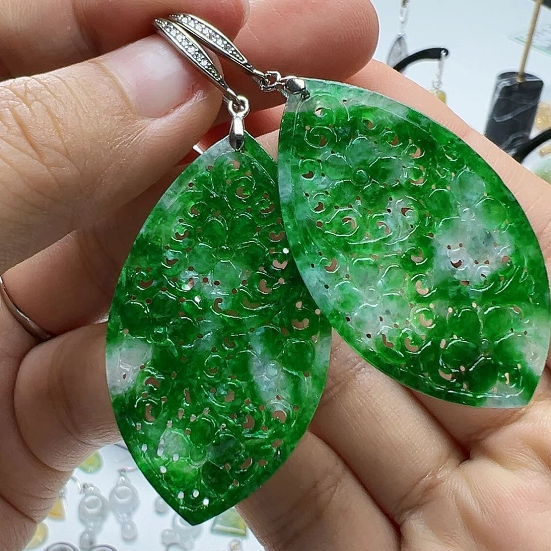 银S925镶嵌翡翠耳饰余**天然缅甸A货翡翠