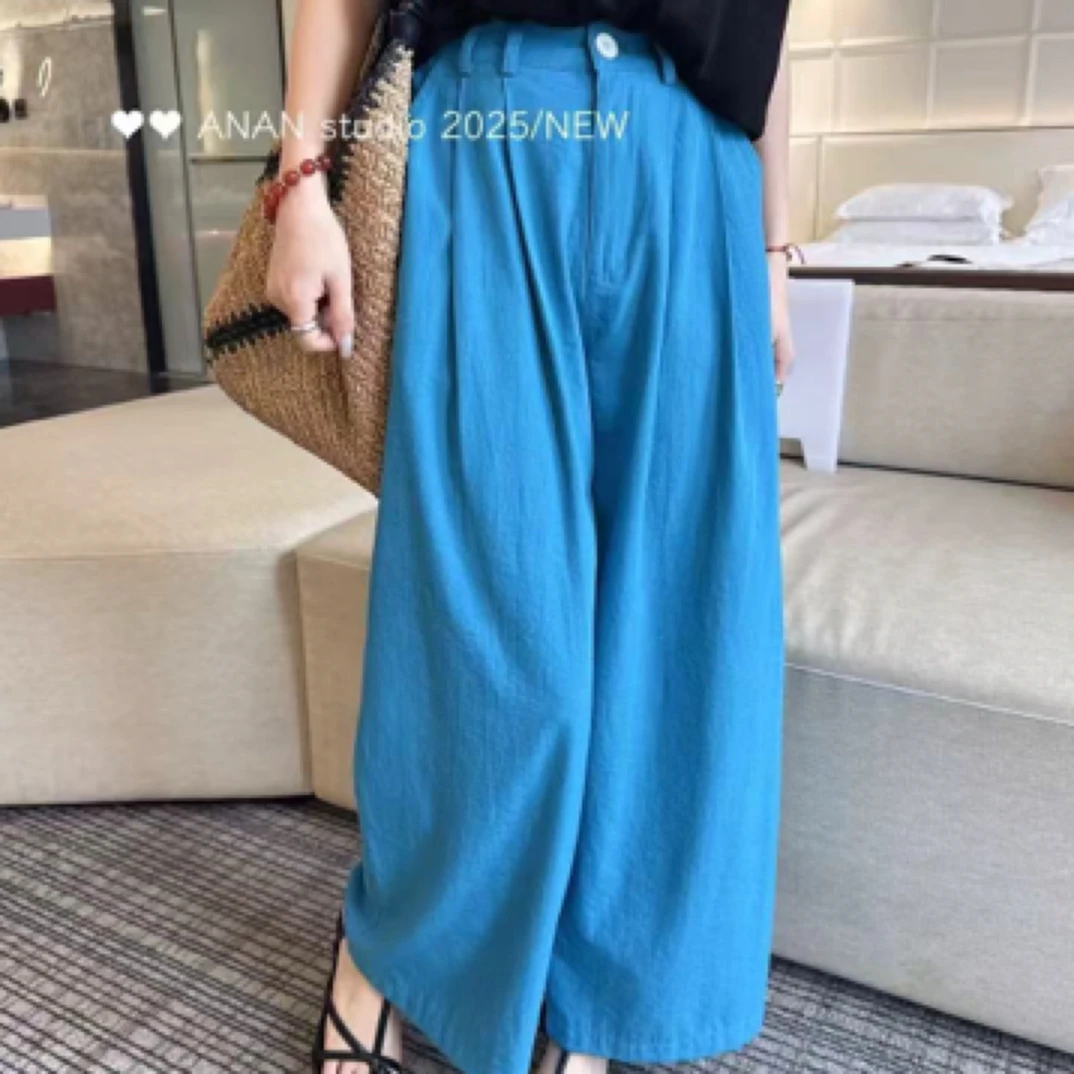 夏季清新蓝色时尚百搭慵懒风休闲直筒阔腿长裤