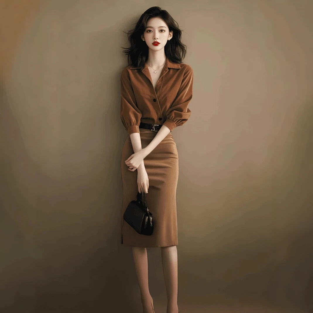 美拉德穿搭一整套轻奢高级感小香风咖色衬衫半身裙两件套装春秋季