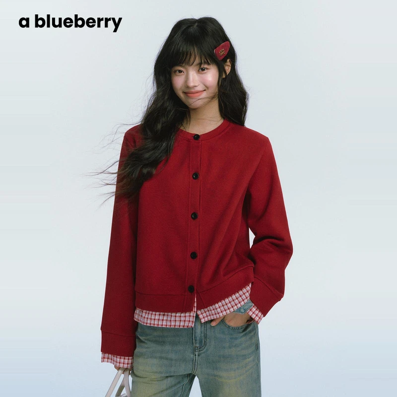 ablueberry【金蛇启新】拼接格子外套女打底气质红色针织开衫女
